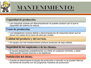 Capacidad de producción.
 • Las maquinas ociosas por descomposturas no pueden producir por lo que la
   capacidad del sistema se reduce.
Costo de producción.
 • Los trabajadores ociosos debido a descomposturas de maquinas hacen que se
   eleven los costos de la mano de obra por unidad.
Calidad del producto y del servicio.
 • Un equipo con mal mantenimiento produce productos de baja calidad.

Seguridad de los empleados o de los clientes.
 • El equipo desgastado probablemente va a fallar en cualquier momento, y estas
   fallas pueden causar lesiones a los bajadores.
Satisfacción del cliente.
 • Cuando se descompone el equipo de producción a menudo no se pueden fabricar
   los bienes de acuerdo con los programas maestros de producción.
 