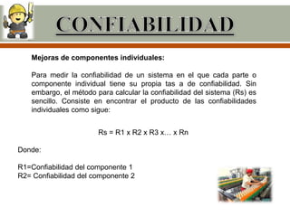 Mejoras de componentes individuales:

   Para medir la confiabilidad de un sistema en el que cada parte o
   componente individual tiene su propia tas a de confiabilidad. Sin
   embargo, el método para calcular la confiabilidad del sistema (Rs) es
   sencillo. Consiste en encontrar el producto de las confiabilidades
   individuales como sigue:


                       Rs = R1 x R2 x R3 x… x Rn

Donde:

R1=Confiabilidad del componente 1
R2= Confiabilidad del componente 2
 
