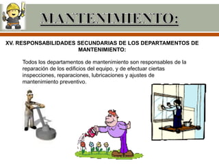 XV. RESPONSABILIDADES SECUNDARIAS DE LOS DEPARTAMENTOS DE
                      MANTENIMIENTO:

    Todos los departamentos de mantenimiento son responsables de la
    reparación de los edificios del equipo, y de efectuar ciertas
    inspecciones, reparaciones, lubricaciones y ajustes de
    mantenimiento preventivo.
 