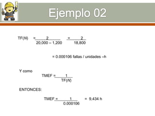 TF(N)    =        2             =       2
             20,000 – 1,200         18,800


                     = 0.000106 fallas / unidades –h


Y como
                TMEF =      1
                          TF(N)

ENTONCES:

                 TMEF =          1       = 9,434 h
                              0.000106
 