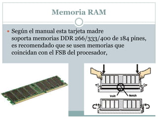 Memoria RAM

 Según el manual esta tarjeta madre
 soporta memorias DDR 266/333/400 de 184 pines,
 es recomendado que se usen memorias que
 coincidan con el FSB del procesador,
 