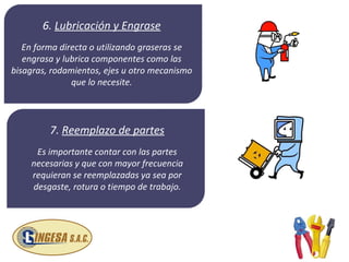 6. Lubricación y Engrase
   En forma directa o utilizando graseras se
   engrasa y lubrica componentes como las
bisagras, rodamientos, ejes u otro mecanismo
               que lo necesite.




         7. Reemplazo de partes
     Es importante contar con las partes
    necesarias y que con mayor frecuencia
    requieran se reemplazadas ya sea por
    desgaste, rotura o tiempo de trabajo.
 
