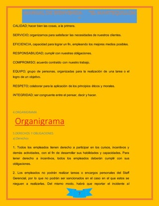 7
CALIDAD; hacer bien las cosas, a la primera.
SERVICIO; organizarnos para satisfacer las necesidades de nuestros clientes.
EFICIENCIA, capacidad para lograr un fin, empleando los mejores medios posibles.
RESPONSABILIDAD; cumplir con nuestras obligaciones.
COMPROMISO; acuerdo contraído con nuestro trabajo.
EQUIPO; grupo de personas, organizadas para la realización de una tarea o el
logro de un objetivo.
RESPETO; colaborar para la aplicación de los principios éticos y morales.
INTEGRIDAD; ser congruente entre el pensar, decir y hacer.
4.ORGANIGRAMA
Organigrama
5.DERECHOS Y OBLIGACIONES
a) Derechos
1. Todos los empleados tienen derecho a participar en los cursos, incentivos y
demás actividades, con el fin de desarrollar sus habilidades y capacidades. Para
tener derecho a incentivos, todos los empleados deberán cumplir con sus
obligaciones.
2. Los empleados no podrán realizar tareas o encargos personales del Staff
Gerencial, por lo que no podrán ser sancionados en el caso en el que estos se
nieguen a realizarlas. Del mismo modo, habrá que reportar el incidente al
 