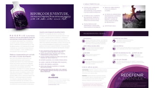 Fabricado nos E.U. exclusivamente para a JEUNESSE® GLOBAL
650 Douglas Avenue | Altamonte Springs, FL 32714
Para mais informação contacte por favor 407-215-7414
J E U N E S S E G LO B A L .C O M
Usando a tecnologia anti-envelhecimento,
RESERVE™ é o resultado da ciência inovadora e de
investigação em nome de proﬁssionais da área médica em todo
o mundo. O ingrediente estrela do RESERVE™, o resveratrol, é
acompanhado por um elenco de apoio de outros poderosos
antioxidantes, como açaí, romã, mirtilo, cereja escura doce e chá
verde. Este suplemento extraordinário vai ativar o inicio do seu dia
com incríveis propriedades anti-envelhecimento e importantes
benefícios nutricionais. Incorporar RESERVE™ na sua rotina diária
de bem-estar vai permitir-lhe desfrutar das seguintes vantagens:
Médicos e expecialistas em nutrição
em todo o mundo reconhecem
que muitos dos problemas relacionados com
envelhecimento precóce advêm dos danos
causados pelos radicais livres. Esses especialistas
indicam que a forma mais eﬁcaz de se defender
contra os danos dos radicais livres é garantir que
consumimos uma quantidade suﬁciente de
antioxidantes. De acordo com um grupo substancial
de pesquisa e testes clínicos, a melhor maneira de
fazer isso é consumir os alimentos certos e tomar
suplementos antioxidantes. O RESERVE™ é uma
excelente defesa contra os danos dos radicais livres.
RESERVE™ oferece altas doses de resveratrol,
um composto contendo antioxidante natural
encontrado na pele das uvas vermelhas, numa
forma de gel altamente bio-disponível, tornando-se
mais absorvível do que os produtos encapsulados.
com um sabor como nunca visto.
REFORÇODEJUVENTUDE,
TECNOLOGIA PREVENÇÃO DE ENVELHECIMENTO
ANTI OXIDANTES PARA RESISTIR AO STRESSE
OXIDATIVO E ENVELHECIMENTO PRECOCE
ANTOCIANINAS PARA APIOIAR UMA FUNÇÃO
CARDIOVASCULAR MELHORADA
ACIDOS GORDOS ESSENCIAIS PARA AUXILIAR NA
FUNÇÃO DO TRATO DIGESTIVO
SUPORTE SAUDÁVEL AO SISTEMA IMUNOLÓGICO
AJUDA A MANTER UM METABOLISMO SAUDÁVEL
APOIA UMA ENERGIA SAUDÁVEL
APOIA INFLAMAÇÃO SAUDÁVEL E FUNÇÕES
DAS ARTICULAÇÕES
OS RESULTADOS POSITIVOS DO TESTE CAP- E INDICAM
QUE O RESERVE PENETRA E PROTEGE AS CÉLULAS DOS
DANOS OXIDATIVOS*
é uma mistura
botânica única de antioxidantes essenciais,
antocianinas e ácidos gordos essenciais
com poderes restauradores que vai favorecer a
sua saúde e ajudar a retardar o envelhecimento
precoce. RESERVE™ é naturalmente doce e cheio
de sabores exóticos. Formulado para lhe fornecer
a proteção que você precisa, este gel delicioso e
nutritivo vai ajudá-lo a sentir vitalidade jovial e
uma sensação maior de boa saúde.
E S T A M O S A
A JUVENTUDE
REDEFENIR
Estudos mostram este composto de rendimento
antioxidante pode fornecer uma ampla gama de
benefícios e pode ser uma das mais eﬁcazes
ferramentas anti-envelhecimento disponíveis.
Estas declarações não foram avaliadas pela Food and
Drug Administration. Este produto não pretende
diagnosticar, tratar, curar ou prevenir qualquer doença.
*RESERVE™ resultados teste CAP-e, Março 2010. Disponível online em JeunesseGlobal.com.
**RESERVE™ Resveratrol resultados do teste, novembro de 2010.
Disponível online em JeunesseGlobal.com.† Baur et al., (2006) resveratrol aumenta saúde e
a sobrevivência de ratos em uma dieta com grandes calorias. Nature 444 (16): 337-342.
C A R A C T E R Í S T I C A S :
RESVERATROL†
uma fonte natural doce de antioxidantes
que ajuda a manter níveis de colesterol
e inﬂamatórios saudáveis
SUMO CEREJA ESCURA DOCE
ajuda a manter níveis de açuçar
e inﬂamatórios saudáveis
ALOE VERA
uma fonte natural doce de antioxidantes
que podem ser eﬁcazes para manterm
um coração saudável
SUMO DE ROMÃ
uma poderosa fonte de antioxidantes,
que também oferece suporte ao
sistema imunológico
EXTRATO DE CHÁ VERDE
A sua cor azul profunda signiﬁca uma fonte de antocianinas,
com a capacidade de lutar contra o stresse oxidativo
SUCO DE MIRTILO
uma fonte de
antioxidantes
naturalmente doces
EXTRATO DE AÇAI
uma fonte naturalmente doce de vitamina C, que aumenta o
suporte do sistema imunológico e promove a função saudável
do coração
SUCO DE UVA CONCORD
uma fonte potente de
antioxidantes e vitamina E
EXTRATO DE GRAINHA DE UVA
I N G R E D I E N T E S C H AV E :
INSTRUÇÕES: RESERVE™ pode ser tomado a qualquer
hora. Ou, poderá tomar um pacote de gel logo no início
da manhã e outro antes de deitar.
ATENÇÃO: Mulheres grávidas ou lactantes e pessoas
com condições médicas conhecidas devem consultar
o seu proﬁssional de saúde antes de adicionarem
qualquer suplemento nutricional à sua dieta.
U S O E A P L I C A Ç Ã O :
CONTÉM UMA COMBINAÇÃO
ÚNICA REFORÇADA DE
ANTIOXIDANTES, ANTOCIANINAS,
E ÁCIDOS GORDOS ESSENCIAIS
BAIXO EM CARBO-HIDRATOS
E AÇUCAR; APENAS 13
CALORIAS
OS TESTES DE LABORATÓRIOS
INDEPENDENTES CONFIRMAM
QUE CADDA PACOTE DE
RESERVE™ CONTÉM UM
TOTAL DE MAIS DE 185MG
DE RESVERATROL.**
A FORMA DE GEL ALTAMENTE
BIO-DISPONÍVEL AUMENTA A
ABSORÇÃO MAIS DO QUE OS
PRODUTOS ENCAPSULADOS
FRUTAS FRESCCAS SÃO
RÁPIDAMENTE CONGELADAS
PARA MANTER OS NUTRIENTES
CERTIFICADO HALAL
 