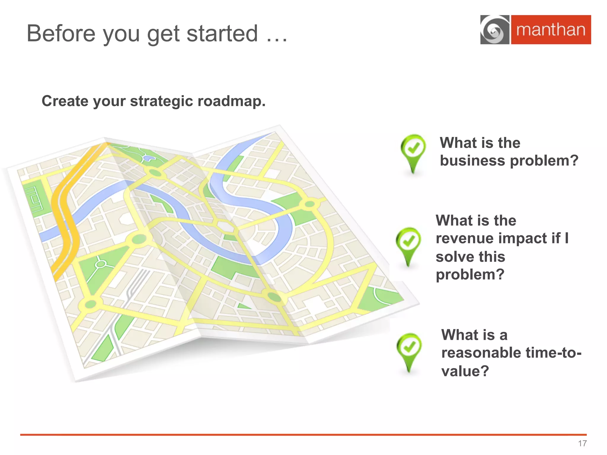 Before you get started …
17
Create your strategic roadmap.
What is the
business problem?
What is the
revenue impact if I
solve this
problem?
What is a
reasonable time-to-
value?
 