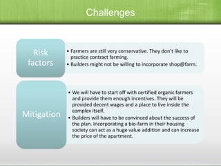 Challenges
• Farmers are still very conservative. They don’t like to
practice contract farming.
• Builders might not be willing to incorporate shop@farm.
Risk
factors
• We will have to start off with certified organic farmers
and provide them enough incentives. They will be
provided decent wages and a place to live inside the
complex itself.
• Builders will have to be convinced about the success of
the plan. Incorporating a bio-farm in their housing
society can act as a huge value addition and can increase
the price of the apartment.
Mitigation
 