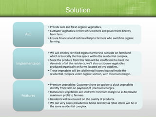 Solution
•Provide safe and fresh organic vegetables.
•Cultivate vegetables in front of customers and pluck them directly
from farm.
•Ensure financial and technical help to farmers who switch to organic
farming.
Aim
•We will employ certified organic farmers to cultivate on farm land
which is basically the free space within the residential complex.
•Since the produce from this farm will be insufficient to meet the
demands of all the residents, we’ll also outsource vegetables
produced organically on farms located on city outskirts.
•These vegetables will be sold in retail stores located inside the
residential complex under organic section, with minimum margin.
Implementaion
•Premium vegetables: Customers have an option to pluck vegetables
directly from farm on payment of premium charges.
•Outsourced vegetables are sold with minimum margin so as to provide
maximum profit to farmers.
•Residents will be ensured on the quality of products.
•We can very easily provide free home delivery as retail stores will be in
the same residential complex.
Features
 