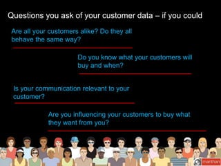 Questions you ask of your customer data – if you could
Are all your customers alike? Do they all
behave the same way?
Do you know what your customers will
buy and when?
Is your communication relevant to your
customer?
Are you influencing your customers to buy what
they want from you?

 