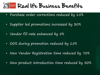 Real life Business Benefits
• Purchase order corrections reduced by 15%

• Supplier led promotions increased by 30%

• Vendor fill rate enhanced by 5%

• OOS during promotion reduced by 15%

• New Vendor Registration time reduced by 70%

• New product introduction time reduced by 50%

                                                 24
 