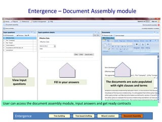 Entergence – Document Assembly module

View Input
questions

Fill in your answers

The documents are auto populated
with right clauses and terms

User can access the document assembly module, input answers and get ready contracts
Entergence

Tree building

Tree based drafting

Wizard creation

Document Assembly

 