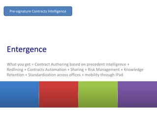 Pre-signature Contracts Intelligence

Entergence
What you get = Contract Authoring based on precedent intelligence +
Redlining + Contracts Automation + Sharing + Risk Management + Knowledge
Retention + Standardization across offices + mobility through iPad

 