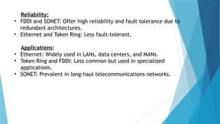 Reliability:
• FDDI and SONET: Offer high reliability and fault tolerance due to
redundant architectures.
• Ethernet and Token Ring: Less fault-tolerant.
Applications:
• Ethernet: Widely used in LANs, data centers, and MANs.
• Token Ring and FDDI: Less common but used in specialized
applications.
• SONET: Prevalent in long-haul telecommunications networks.
 