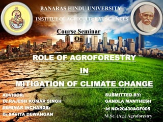 ROLE OF AGROFORESTRY
IN
MITIGATION OF CLIMATE CHANGE
ADVISOR:
Dr.RAJESH KUMAR SINGH
SEMINAR INCHARGE:
Dr.SAVITA DEWANGAN
SUBMITTED BY:
GANDLA MANTHESH
Id NO:20430AGF005
M.Sc. (Ag.) Agroforestry
Course Seminar
On
BANARAS HINDU UNIVERSITY
INSTITUE OF AGRICULTURAL SCIENCES
 
