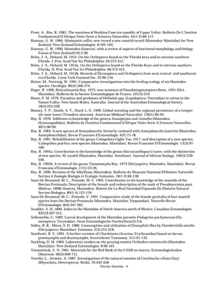 Prost, A., Roy, R. 1983. The mantises of Burkina Faso (ex-republic of Upper Volta). Bulletin De L’Institut
Fondamental D’Afrique Noire Serie a Sciences Naturelles. 45(1-2):66-117.
Ramsay, G. W. 1984. Miomantis caffra, new record a new mantid record (Mantodea: Mantidae) for New
Zealand. New Zealand Entomologist. 8:102-104.
Ramsay, G. W. 1990. Mantodea (Insecta), with a review of aspects of functional morphology and biology.
Fauna of New Zealand(19):3-96.
Rehn, J. A., Hebard, M. 1912. On the Orthoptera found on the Florida keys and in extreme southern
Florida. I. Proc Acad Nat Sci Philadelphia. 64:373-412.
Rehn, J. A., Hebard, M. 1914a. On the Orthoptera found on the Florida Keys and in extreme southern
Florida. II. Proc Acad Nat Sci Philadelphia. 66:373-412.
Rehn, J. A., Hebard, M. 1914b. Records of Dermaptera and Orthoptera from west central and southwestern Florida. J new York Entomol Soc. 22:96-116.
Reitze, M., Nentwig, W. 1991. Comparative investigations into the feeding ecology of six Mantodea
species. Oecologia. 86(4):568-574.
Roger, R. 1996. Reticulimantis Roy, 1973, new synonym of Pseudostagmatoptera Beier, 1931 (Dict.
Mantidae). Bulletin de la Societe Entomologique de France. 101(3):234.
Room, P. M. 1979. Parasites and predators of Heliothis spp. (Lepidoptera: Noctuidae) in cotton in the
Namoi Valley, New South Wales, Australia. Journal of the Australian Entomological Society.
18(3):223-228.
Rooney, T. P., Smith, A. T., Hurd, L. E. 1996. Global warming and the regional persistence of a temperate-zone insect (Tenodera sinensis). American Midland Naturalist. 136(1):84-93.
Roy, R. 1978. Additions to knowledge of the genera Anasigerpes and Junodia (Mantodea,
Hymenopodidae). Bulletin de l’Institut Fondamental d’Afrique Noire Serie A Sciences Naturelles.
40(1):80-99.
Roy, R. 1984. A new species of Amorphoscelis, formerly confused with Amorphoscelis laxeretis (Mantodea,
Amorphoscelidae). Revue Francaise d’Entomologie. 6(2):75-78.
Roy, R. 1991. Rehabilitation of the genus Calospilota Giglio-Tos, 1917, and description of a new species:
Calospilota pulchra, new species (Mantodea, Mantidae). Revue Francaise D’Entomologie. 13(3):97100.
Roy, R. 1995a. Contribution to the knowledge of the genus Macracanthopus Uvarov, with the distinction
of new species, M. seydeli (Mantodea, Mantidae, Amelinae). Journal of African Zoology. 109(3):239246.
Roy, R. 1995b. A review of the genus Tismomorpha Roy, 1973 (Dictyoptera, Mantodea, Mantidae). Revue
Francaise d’Entomologie. 17(1):23-26.
Roy, R. 1996. Revision of the Sibyllinae (Mantodea). Bulletin du Museum National d’Histoire Naturelle
Section A Zoologie Biologie et Ecologie Animales. 18(1-2):69-138.
Sanz De Bremond, M. C., Peinado, M. V. 1993. Contribution to the knowledge of the mantids of the
Iberian Peninsula: Description of the female and redescription of the male of Pseudoyersinia paui
(Bolivar, 1898) (Insecta, Mantodea). Boletin De La Real Sociedad Espanola De Historia Natural
Seccion Biologica. 89(1-4):125-134.
Sanz De Bremond, M. C., Peinado, V. 1991. Comparative study of the female genitalia of four mantid
species from the Iberian Peninsula (Mantodea, Mantidae, Empusidae). Nouvelle Revue
D’Entomologie. 8(4):347-362.
Scudder, S. H. 1896. Index to the Mantidae of North America north of Mexico. Canadian Entomologist.
XXVII:207-215.
Sellenschlo, U. 1982. Larval development of the Mantidae parasite Podagrion pachymerum (Hymenoptera: Torymidae). Neue Entomologische Nachrichten(3):3-6.
Sidhu, R. K., Misra, S. D. 1980. Consumption and utilization of Drosophila flies by Humbertiella similis
(Dictyoptera: Mantidae). Entomon. 5(3):215-218.
Southcott, R. V. 1991. A further revision of Charletonia (Acarina: Erythraeidae) based on larvae,
protonymphs and deutonymphs. Invertebrate Taxonomy. 5(1):61-132.
Suckling, D. M. 1984. Laboratory studies on the praying mantis Orthodera ministralis (Mantodea:
Mantidae). New Zealand Entomologist. 8:96-101.
Tanasiichuk, V. N. 1981. Materials for the Red Book of the USSR on insects. Entomologicheskoe
Obozrenie. 60(3):699-711.
Tavella, L., Arizone, A. 1987. Investigations of the natural enemies of Corythucha ciliata (Say)
(Rhynchota, Heteroptera). Redia. 70:443-458.
Florida Mantids - 9

 
