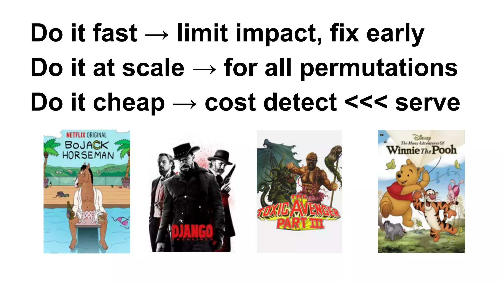 Do it fast → limit impact, fix early 
Do it at scale → for all permutations 
Do it cheap → cost detect <<< serve 
 