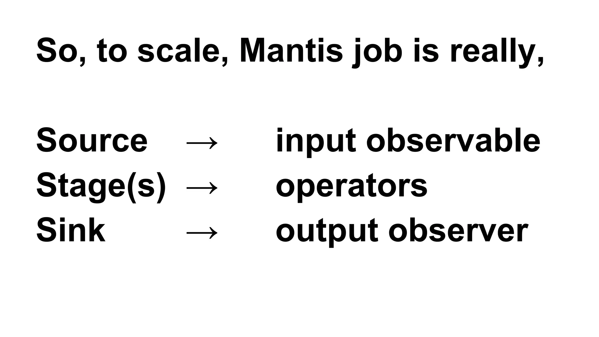 So, to scale, Mantis job is really, 
Source → input observable 
Stage(s) → operators 
Sink → output observer 
 