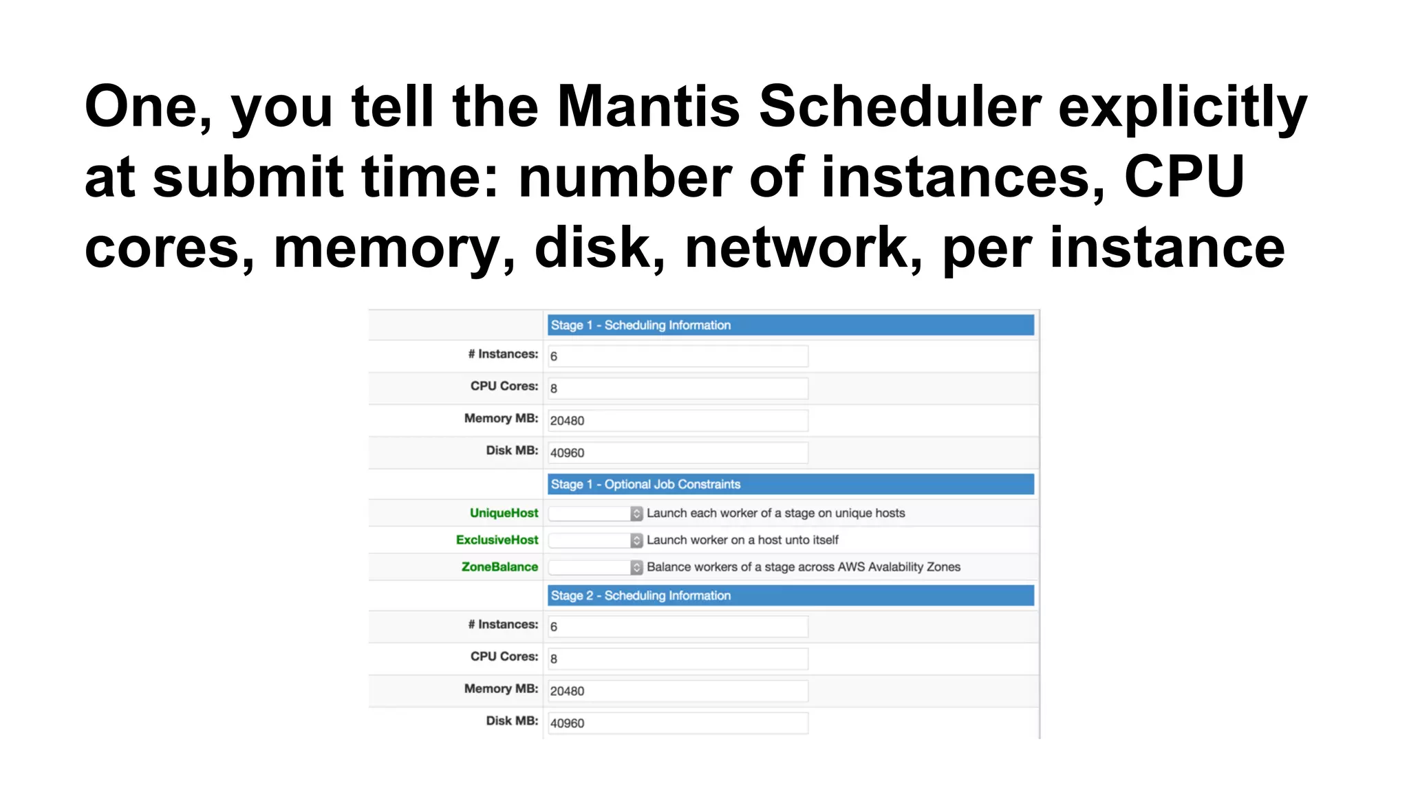 One, you tell the Mantis Scheduler explicitly 
at submit time: number of instances, CPU 
cores, memory, disk, network, per instance 
 