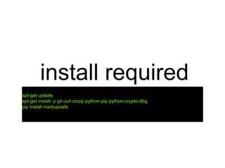 install required
apt-get update
apt-get install -y git curl unzip python-pip python-crypto-dbg
pip install markupsafe
 