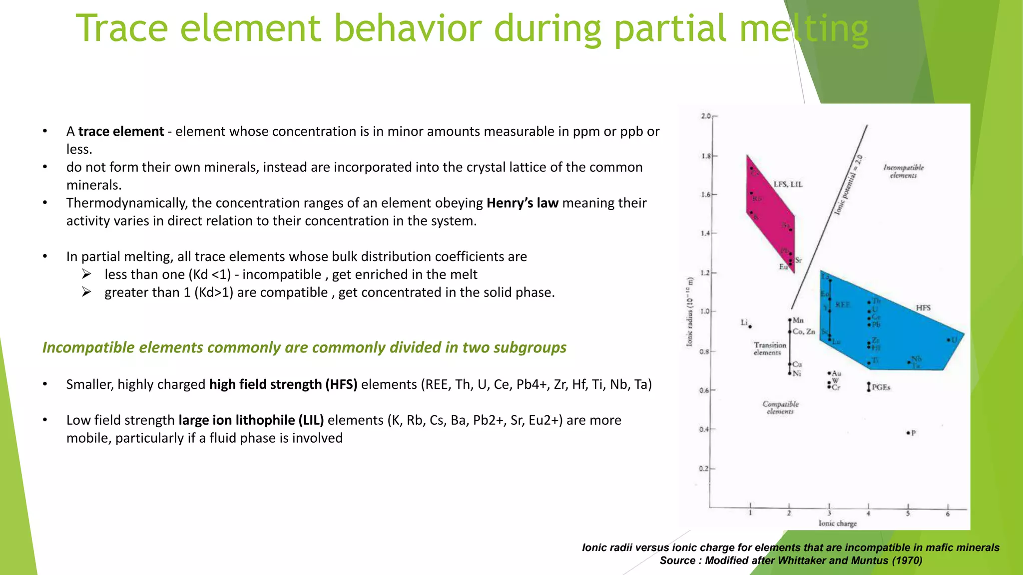 Trace element behavior during partial melting
• A trace element - element whose concentration is in minor amounts measurable in ppm or ppb or
less.
• do not form their own minerals, instead are incorporated into the crystal lattice of the common
minerals.
• Thermodynamically, the concentration ranges of an element obeying Henry’s law meaning their
activity varies in direct relation to their concentration in the system.
• In partial melting, all trace elements whose bulk distribution coefficients are
 less than one (Kd <1) - incompatible , get enriched in the melt
 greater than 1 (Kd>1) are compatible , get concentrated in the solid phase.
Incompatible elements commonly are commonly divided in two subgroups
• Smaller, highly charged high field strength (HFS) elements (REE, Th, U, Ce, Pb4+, Zr, Hf, Ti, Nb, Ta)
• Low field strength large ion lithophile (LIL) elements (K, Rb, Cs, Ba, Pb2+, Sr, Eu2+) are more
mobile, particularly if a fluid phase is involved
Ionic radii versus ionic charge for elements that are incompatible in mafic minerals
Source : Modified after Whittaker and Muntus (1970)
 