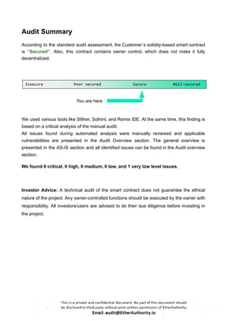 Audit Summary
According to the standard audit assessment, the Customer`s solidity-based smart contract
is “Secured”. Also, this contract contains owner control, which does not make it fully
decentralized.
You are here
We used various tools like Slither, Solhint, and Remix IDE. At the same time, this finding is
based on a critical analysis of the manual audit.
All issues found during automated analysis were manually reviewed and applicable
vulnerabilities are presented in the Audit Overview section. The general overview is
presented in the AS-IS section and all identified issues can be found in the Audit overview
section.
We found 0 critical, 0 high, 0 medium, 0 low, and 1 very low level issues.
Investor Advice: A technical audit of the smart contract does not guarantee the ethical
nature of the project. Any owner-controlled functions should be executed by the owner with
responsibility. All investors/users are advised to do their due diligence before investing in
the project.
 