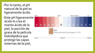 •Por lo tanto, el pH
natural de la piel es
ligeramente ácido.
•Este pH ligeramente
ácido lo crea el
manto ácido de la
piel, la porción de
grasa de la película
hidrolipídica que
protege las capas
externas de la piel.
 