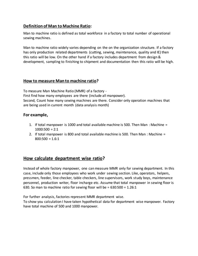 How calculate Man to Machine Ratio in Garments Industries PDF