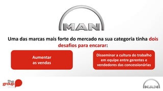 Uma das marcas mais forte do mercado na sua categoria tinha dois
desafios para encarar:
Aumentar
as vendas
Disseminar a cultura do trabalho
em equipe entre gerentes e
vendedores das concessionárias
 