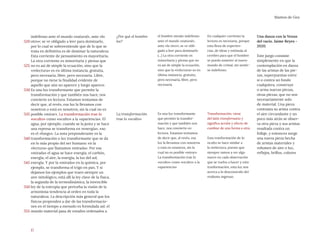 17
Mantos de Gea
¿Por qué el hombre
lee?
La transformación
trae lo «oculto»
el hombre siendo indefenso
ante el mundo «natural»,
ante «lo otro»; se ve obli-
gado a leer para dominarlo
(...) La otra corriente es
minoritaria y piensa que no
es así de simple la ecuación,
sino que la «relectura» es en
última instancia, gratuita,
pero necesaria, libre, pero
necesaria.
Es una luz transformante
que permite la transfor-
mación y que también nos
hace, nos convierte en
lectura. Estamos tentamos
de decir que, al revés, esa
luz la llevamos con nosotros
o está en nosotros, sin la
cual no es posible «mirar».
La transformación trae lo
«oculto» como «oculto» a la
«apariencia»
En cualquier corriente la
lectura es necesaria, porque
esta llena de experien-
cias, de ideas y estimula al
cerebro para que el hombre
se pueda someter al nuevo
mundo de cristal, sin sentir-
se indefenso.
Transformación: viene
del latín transformatio y
significa acción y efecto de
cambiar de una forma a otra.
Esta tranformación de lo
oculto se hace similar a
la reelectura, puesto que
siempre vamos a ver algo
nuevo en cada observación
que se vuelva a hacer y esta
tranformación, esta luz nos
acerca a lo desconocido del
realismo ingenuo.
Una danza con la Venus
del vacío. Jaime Reyes -
2020.
Este juego consiste
simplemente en que la
contemplación en danza
de las aristas de las pie-
zas, superpuestas entre
sí o contra un fondo
cualquiera, construye
o arma nuevas piezas,
otras piezas, que no son
necesariamente solo
de material. Una pieza
contrasta su arista contra
el aire circundante y un
poco más atrás se obser-
va otra pieza y sus aristas
resaltada contra un
follaje, y entonces surge
una nueva pieza hecha
de aristas materiales y
volumen de aire o luz,
reflejos, brillos, colores
indefenso ante el mundo «natural», ante «lo
otro»; se ve obligado a leer para dominarlo,
por lo cual se sobreentiende que de lo que se
trata en definitiva es de dominar la naturaleza.
Esta corriente de pensamiento es mayoritaria.
La otra corriente es minoritaria y piensa que
no es así de simple la ecuación, sino que la
«relectura» es en última instancia, gratuita,
pero necesaria, libre, pero necesaria. Libre,
porque no tiene la finalidad evidente de
aquello que aún no aparece y luego aparece.
Es una luz transformante que permite la
transformación y que también nos hace, nos
convierte en lectura. Estamos tentamos de
decir que, al revés, esa luz la llevamos con
nosotros o está en nosotros, sin la cual no es
posible «mirar». La transformación trae lo
«oculto» como «oculto» a la «apariencia». El
agua, por ejemplo, cuando se la junta y se hace
una represa se transforma en «energía», eso
es el «fuego». La nota preponderante es la
transformación o luz transformante que se da
en lo más propio del ser humano: en la
«lectura» que llamamos «mirada». Por esa
«mirada» el agua se hace energía, el carbón,
energía, el aire, la energía, la luz del sol,
energía. Y por la «mirada» en la química, por
ejemplo, se transforma el trigo en pan. Y si
dejamos los ejemplos que traen siempre un
aire mitológico, está allí la ley clave de la física,
la segunda de la termodinámica, la invencible
ley de la entropía que perturba la visión de la
armoniosa tendencia al orden en toda la
naturaleza. La descripción más general que los
físicos propenden a dar de las transformacio-
nes en el tiempo a menudo es formulada así: el
mundo material pasa de estados ordenados a
520
525
530
535
540
545
550
555
 
