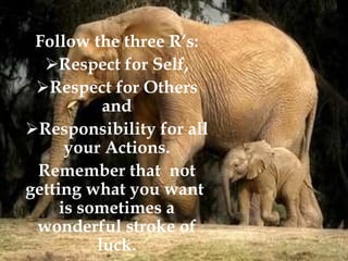 Follow the three R’s: Respect for Self, Respect for Others and Responsibility for all your Actions. Remember that  not getting what you want  is sometimes a wonderful stroke of luck. 