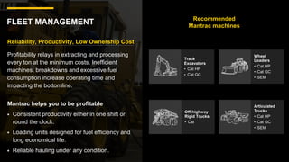 FLEET MANAGEMENT Recommended
Mantrac machines
Reliability, Productivity, Low Ownership Cost
Profitability relays in extracting and processing
every ton at the minimum costs. Inefficient
machines, breakdowns and excessive fuel
consumption increase operating time and
impacting the bottomline.
Mantrac helps you to be profitable
Consistent productivity either in one shift or
round the clock.
Loading units designed for fuel efficiency and
long economical life.
Reliable hauling under any condition.
Track
Excavators
• Cat HP
• Cat GC
Off-highway
Rigid Trucks
• Cat
Wheel
Loaders
• Cat HP
• Cat GC
• SEM
Articulated
Trucks
• Cat HP
• Cat GC
• SEM
 