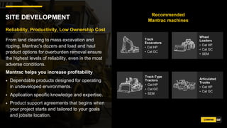 SITE DEVELOPMENT Recommended
Mantrac machines
Reliability, Productivity, Low Ownership Cost
From land clearing to mass excavation and
ripping, Mantrac’s dozers and load and haul
product options for overburden removal ensure
the highest levels of reliability, even in the most
adverse conditions.
Mantrac helps you increase profitability
Dependable products designed for operating
in undeveloped environments.
Application specific knowledge and expertise.
Product support agreements that begins when
your project starts and tailored to your goals
and jobsite location.
Articulated
Trucks
• Cat HP
• Cat GC
Track
Excavators
• Cat HP
• Cat GC
Wheel
Loaders
• Cat HP
• Cat GC
• SEM
Track-Type
Tractors
• Cat HP
• Cat GC
• SEM
 