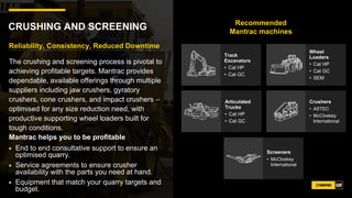 CRUSHING AND SCREENING Recommended
Mantrac machines
Reliability, Consistency, Reduced Downtime
The crushing and screening process is pivotal to
achieving profitable targets. Mantrac provides
dependable, available offerings through multiple
suppliers including jaw crushers, gyratory
crushers, cone crushers, and impact crushers –
optimised for any size reduction need, with
productive supporting wheel loaders built for
tough conditions.
Mantrac helps you to be profitable
End to end consultative support to ensure an
optimised quarry.
Service agreements to ensure crusher
availability with the parts you need at hand.
Equipment that match your quarry targets and
budget.
Crushers
• ASTEC
• McCloskey
International
Track
Excavators
• Cat HP
• Cat GC
Wheel
Loaders
• Cat HP
• Cat GC
• SEM
Screeners
• McCloskey
International
Articulated
Trucks
• Cat HP
• Cat GC
 