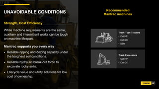 UNAVOIDABLE CONDITIONS Recommended
Mantrac machines
Strength, Cost Efficiency
While machine requirements are the same,
auxiliary and intermittent works can be tough
on machine lifespan.
Mantrac supports you every way
Reliable ripping and dozing capacity under
the toughest soil conditions.
Reliable hydraulic break-out force to
excavate rocky soils.
Lifecycle value and utility solutions for low
cost of ownership.
Track-Type Tractors
• Cat HP
• Cat GC
• SEM
Track Excavators
• Cat HP
• Cat GC
 