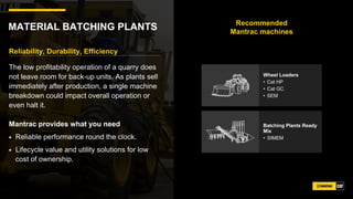 MATERIAL BATCHING PLANTS Recommended
Mantrac machines
Reliability, Durability, Efficiency
The low profitability operation of a quarry does
not leave room for back-up units. As plants sell
immediately after production, a single machine
breakdown could impact overall operation or
even halt it.
Mantrac provides what you need
Reliable performance round the clock.
Lifecycle value and utility solutions for low
cost of ownership.
Wheel Loaders
• Cat HP
• Cat GC
• SEM
Batching Plants Ready
Mix
• SIMEM
 