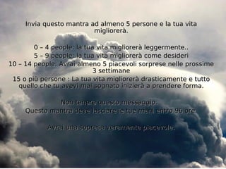 Invia questo mantra ad almeno 5 persone e la tua vita
                          migliorerà.

        0 – 4 people: la tua vita migliorerà leggermente..
        5 – 9 people: la tua vita migliorerà come desideri
10 – 14 people: Avrai almeno 5 piacevoli sorprese nelle prossime
                            3 settimane
 15 o più persone : La tua vita migliorerà drasticamente e tutto
   quello che tu avevi mai sognato inizierà a prendere forma.

              Non tenere questo messaggio.
     Questo mantra deve lasciare le tue mani entro 96 ore.

            Avrai una sopresa veramente piacevole.
 