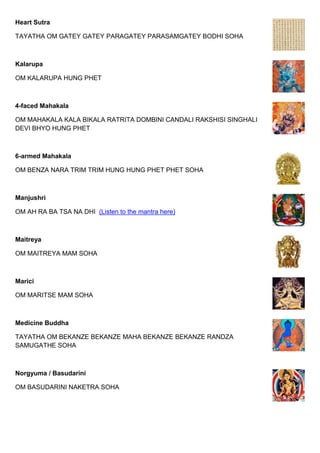 Heart Sutra
TAYATHA OM GATEY GATEY PARAGATEY PARASAMGATEY BODHI SOHA
Kalarupa
OM KALARUPA HUNG PHET
4-faced Mahakala
OM MAHAKALA KALA BIKALA RATRITA DOMBINI CANDALI RAKSHISI SINGHALI
DEVI BHYO HUNG PHET
6-armed Mahakala
OM BENZA NARA TRIM TRIM HUNG HUNG PHET PHET SOHA
Manjushri
OM AH RA BA TSA NA DHI (Listen to the mantra here)
Maitreya
OM MAITREYA MAM SOHA
Marici
OM MARITSE MAM SOHA
Medicine Buddha
TAYATHA OM BEKANZE BEKANZE MAHA BEKANZE BEKANZE RANDZA
SAMUGATHE SOHA
Norgyuma / Basudarini
OM BASUDARINI NAKETRA SOHA
 