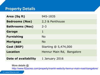 Property Details
Area (Sq ft)

945-1835

Bedrooms (Nos)

2,3 & Penthouse

Bathrooms (Nos)

2-3

Garage

1

Furnishing

No

Mortgage

No

Cost (BSP)

Starting @ 5,474,000

Location

Hennur Main Rd, Bangalore

Date of availability

1 January 2016

More details @
http://www.ft2acres.com/property/mantri-webcity-hennur-main-road-bangalore/
3 | www.ft2acres.com

 