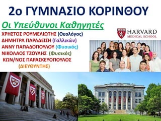 2ο ΓΥΜΝΑΣΙΟ ΚΟΡΙΝΘΟΥ
Οι Υπεύθυνοι Καθηγητές
ΧΡΗΣΤΟΣ ΡΟΥΜΕΛΙΩΤΗΣ (Θεολόγος)
ΔΗΜΗΤΡΑ ΠΑΡΑΔΕΙΣΗ (Γαλλικών)
ΑΝΝΥ ΠΑΠΑΔΟΠΟΥΛΟΥ (Φυσικός)
ΝΙΚΟΛΑΟΣ ΤΖΟΥΛΗΣ (Φυσικός)
ΚΩΝ/ΝΟΣ ΠΑΡΑΣΚΕΥΟΠΟΥΛΟΣ
(ΔΙΕΥΘΥΝΤΗΣ)
 