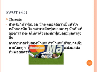 SWOT  ( ต่อ ) Threats สำหรับกีฬาฟุตบอล นักฟุตบอลถือว่าเป็นหัวใจหลักของทีม โดยเฉพาะนักฟุตบอลเก่งๆ มักเป็นที่ต้องการ ส่งผลให้ค่าตัวของนักฟุตบอลมีมูลค่าสูงขึ้น อาการบาดเจ็บของนักเตะ ถ้านักเตะได้รับบาดเจ็บภายในฤดูกาลแข่งขัน จะเกิดขึ้นซึ่งก็จะส่งผลต่อทีมพอสมควร 
