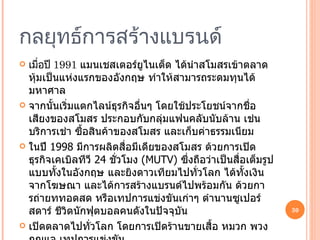 กลยุทธ์การสร้างแบรนด์ เมื่อปี  1991  แมนเชสเตอร์ยูไนเต็ด ได้นำสโมสรเข้าตลาดหุ้มเป็นแห่งแรกของอังกฤษ ทำให้สามารถระดมทุนได้มหาศาล จากนั้นเริ่มแตกไลน์ธุรกิจอื่นๆ โดยใช้ประโยชน์จากชื่อเสียงของสโมสร ประกอบกับกลุ่มแฟนคลับนับล้าน เช่นบริการเช่า ซื้อสินค้าของสโมสร และเก็บค่าธรรมเนียม ในปี  1998  มีการผลิตสื่อมีเดียของสโมสร ด้วยการเปิดธุรกิจเคเบิลทีวี  24  ชั่วโมง  ( MUTV )   ซึ่งถือว่าเป็นสื่อเต็มรูปแบบทั้งในอังกฤษ และยิงดาวเทียมไปทั่วโลก ได้ทั้งเงินจากโฆษณา และได้การสร้างแบรนด์ไปพร้อมกัน ด้วยการถ่ายททอดสด หรือเทปการแข่งขันเก่าๆ ตำนานซูเปอร์สตาร์ ชีวิตนักฟุตบอลคนดังในปัจจุบัน เปิดตลาดไปทั่วโลก โดยการเปิดร้านขายเสื้อ หมวก พวงกุญแจ เทปการแข่งขัน  พัฒนาสนามฟุตบอล และเพิ่มจำนวนที่นั่ง เพราะรายได้หลัก คือ การจำหน่ายตั๋วฟุตบอล ยิ่งมีที่นั่งเพิ่มมากขึ้น ผู้ชมในสนามก็จะมีขึ้นตาม 