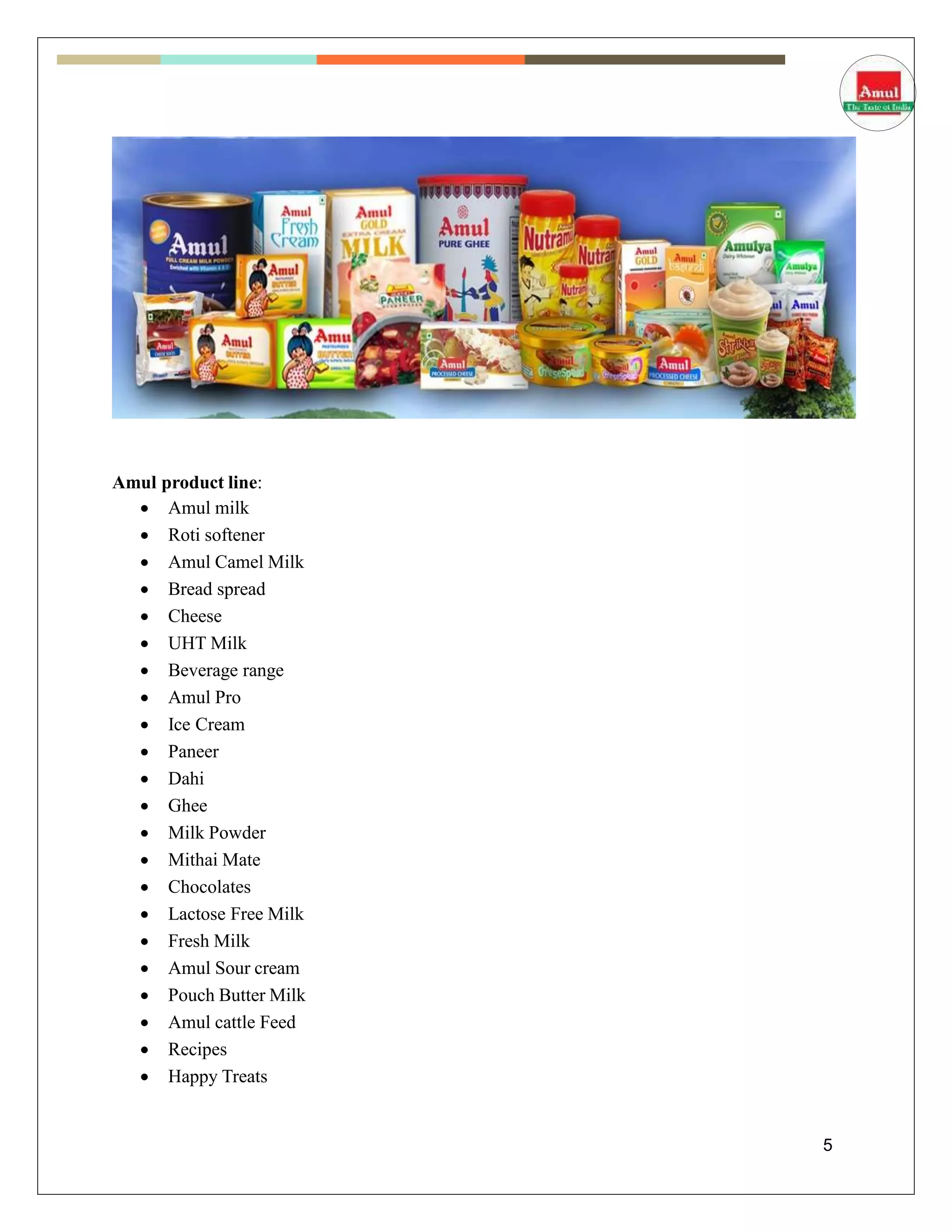 Amul product line:
 Amul milk
 Roti softener
 Amul Camel Milk
 Bread spread
 Cheese
 UHT Milk
 Beverage range
 Amul Pro
 Ice Cream
 Paneer
 Dahi
 Ghee
 Milk Powder
 Mithai Mate
 Chocolates
 Lactose Free Milk
 Fresh Milk
 Amul Sour cream
 Pouch Butter Milk
 Amul cattle Feed
 Recipes
 Happy Treats
5
 