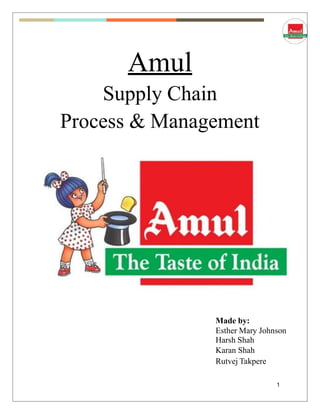Amul
Supply Chain
Process & Management
Made by:
Esther Mary Johnson
Harsh Shah
Karan Shah
Rutvej Takpere
1
 