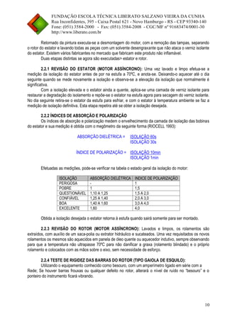 FUNDAÇÃO ESCOLA TÉCNICA LIBERATO SALZANO VIEIRA DA CUNHA 
Rua Inconfidentes, 395 - Caixa Postal 621 - Novo Hamburgo - RS - CEP 93340-140 
Fone: (051) 3584-2000 - Fax: (051) 3584-2008 - CGC/MF nº 91683474/0001-30 
http://www.liberato.com.br 
10 
Retornado da pintura executa-se a desmontagem do motor, com a remoção das tampas, separando o rotor do estator e lavando todas as peças com um solvente desengraxante que não ataca o verniz isolante do estator. Existem vários fabricantes no mercado que fabricam este produto não inflamável. 
Duas etapas distintas se agora são executadas> estator e rotor. 
2.2.1 REVISÃO DO ESTATOR (MOTOR ASSÍNCRONO): Uma vez lavado e limpo efetua-se a medição da isolação do estator antes de por na estufa a 70ºC, e anota-se. Deixando-o aquecer até o dia seguinte quando se mede novamente a isolação e observa-se a elevação da isolação que normalmente é significativa. 
Com a isolação elevada e o estator ainda a quente, aplica-se uma camada de verniz isolante para restaurar a degradação do isolamento e repõe-se o estator na estufa agora para secagem do verniz isolante. No dia seguinte retira-se o estator da estufa para esfriar, e com o estator à temperatura ambiente se faz a medição de isolação definitiva. Esta etapa repetira até se obter a isolação desejada. 
2.2.2 ÍNDICES DE ABSORÇÃO E POLARIZAÇÃO 
Os índices de absorção e polarização medem o envelhecimento da camada de isolação das bobinas do estator e sua medição é obtida com o megômetro da seguinte forma (RIOCELL 1993): 
ABSORÇÃO DIELÉTRICA = 
ISOLAÇÃO 60s 
ISOLAÇÃO 30s 
ÍNDICE DE POLARIZAÇÃO = 
ISOLAÇÃO 10min 
ISOLAÇÃO 1min 
Efetuadas as medições, pode-se verificar na tabela o estado geral da isolação do motor: 
ISOLAÇÃO ABSORÇÃO DIELÉTRICA INDICE DE POLARIZAÇÃO 
PERIGOSA 
- 
1 
POBRE 
1 
1,5 
QUESTIONÁVEL 
1,10 A 1,25 
1,5 A 2,0 
CONFIÁVEL 
1,25 A 1,40 
2,0 A 3,0 
BOA 
1,40 A 1,60 
3,0 A 4,0 
EXCELENTE 
1,60 
4,0 
Obtida a isolação desejada o estator retorna à estufa quando sairá somente para ser montado. 
2.2.3 REVISÃO DO ROTOR (MOTOR ASSÍNCRONO): Lavados e limpos, os rolamentos são extraídos, com auxílio de um saca-polia ou extrator hidráulico e sucateados. Uma vez requisitados os novos rolamentos os mesmos são aquecidos em panela de óleo quente ou aquecedor indutivo, sempre observando para que a temperatura não ultrapasse 70ºC para não danificar a graxa (rolamento blindado) e o próprio rolamento e colocados com as mãos sobre o eixo, sem necessidade de esforço. 
2.2.4 TESTE DE RIGIDEZ DAS BARRAS DO ROTOR (TIPO GAIOLA DE ESQUILO): 
Utilizando o equipamento conhecido como besouro, com um amperímetro ligado em série com a 
Rede; Se houver barras frouxas ou qualquer defeito no rotor, alterará o nível de ruído no “besouro” e o ponteiro do instrumento ficará vibrando.  