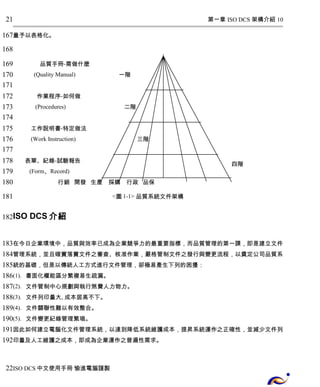 第一章 ISO DCS 架構介紹 10 
量予以表格化。 
品質手冊-需做什麼 
(Quality Manual) 一階 
作業程序-如何做 
(Procedures) 二階 
工作說明書-特定做法 
(Work Instruction) 三階 
表單、紀錄-試驗報告 
(Form、Record) 
行銷 開發 生產 採購 行政 品保 
<圖1-1> 品質系統文件架構 
ISO DCS介紹 
在今日企業環境中，品質與效率已成為企業競爭力的最重要指標，而品質管理的第一課，即是建立文件 
管理系統，並且確實落實文件之審查、核准作業，嚴格管制文件之發行與變更流程，以奠定公司品質系 
統的基礎，但是以傳統人工方式進行文件管理，卻極易產生下列的困擾： 
(1). 書面化權能區分繁複易生疏漏。 
(2). 文件管制中心規劃與執行煞費人力物力。 
(3). 文件列印量大, 成本居高不下。 
(4). 文件關聯性難以有效整合。 
(5). 文件變更紀錄管理繁瑣。 
因此如何建立電腦化文件管理系統，以達到降低系統維護成本，提昇系統運作之正確性，並減少文件列 
印量及人工維護之成本，即成為企業運作之普遍性需求。 
ISO DCS中文使用手冊 愉進電腦謹製 
四階 
21 
167 
168 
169 
170 
171 
172 
173 
174 
175 
176 
177 
178 
179 
180 
181 
182 
183 
184 
185 
186 
187 
188 
189 
190 
191 
192 
22 
 