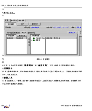 119 第四章 控管文件表單的使用 
 本文 ─ 受文人 
<圖4-6> 受文單位 
此受文人可由使用者選擇 “ 選擇副本 ” 和 “ 會簽人員”， 這些人員是由公司組織取出來的。 
選擇副本 
當文件審核通過後，系統將會自動將此份文件以電子表單方式發行通知給受文人。而審核者在審核流程 
時，可更改受文人。 
會簽人員 
當在此關加入了 ”會簽人員” 會一直跟著流程進行，直到有受文人為動態使用者的活動，這時會將文件 
送到您所選擇的人員審核。 
中文使用手冊 愉進電腦謹製 
239 
75 
76 
77 
78 
79 
80 
81 
82 
83 
84 
85 
86 
87 
240 
 