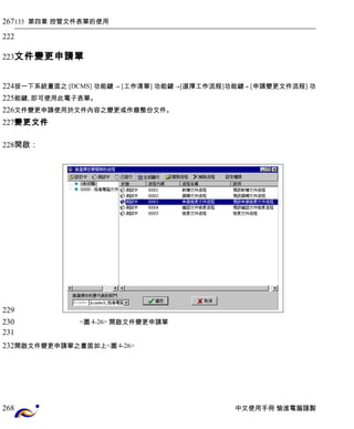 133 第四章 控管文件表單的使用 
文件變更申請單 
按一下系統畫面之 [DCMS] 功能鍵 → [工作清單] 功能鍵 →[選擇工作流程]功能鍵→ [申請變更文件流程] 功 
能鍵, 即可使用此電子表單。 
文件變更申請使用於文件內容之變更或作廢整份文件。 
變更文件 
開啟： 
<圖4-26> 開啟文件變更申請單 
開啟文件變更申請單之畫面如上<圖4-26> 
中文使用手冊 愉進電腦謹製 
267 
222 
223 
224 
225 
226 
227 
228 
229 
230 
231 
232 
268 
 