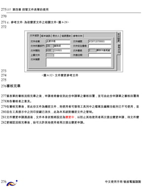 137 第四章 控管文件表單的使用 
ｃ. 參考文件: 為欲變更文件之相關文件<圖4-28> 
<圖4-32> 文件變更參考文件 
審核完畢 
當表單的審核流程完畢之後，申請者將會收到此份申請單之審核回覆，並可由此份申請單之審核回覆得 
知各審核者之意見。 
在審核完畢後，若此份文件為機密文件，則使用者可發現工具列中之檔案及編輯功能列已不可使用，並 
且在工具提示中之列印按鍵已消失，此為本系統對機密文件之管制。 
文件變更申請通過後，文件本身狀態將設定為變更中，以防止其他使用者再次提出變更申請，待文件變 
更確認流程完畢後，始可允許其他使用者再次提出變更申請。 
中文使用手冊 愉進電腦謹製 
275 
270 
271 
272 
273 
274 
275 
276 
277 
278 
279 
280 
281 
282 
276 
 