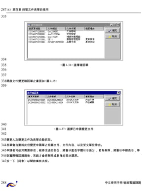 143 第四章 控管文件表單的使用 
<圖4-34> 選擇確認單 
開啟文件變更確認單之畫面如<圖4-35> 
<圖4-37> 選擇已申請變更文件 
變更人及變更文件為表單自動抓取。 
表單會自動將此份變更申請單之相關文件、文件內容、以及受文單位帶出。 
申請者可依其需要修改；被修改過的部份，將會以藍色字體以示區分， 若為刪除，將會以中線表示，等 
到實際確認通過後，系統才會將刪除或新增的部分還原。 
按一下〔同意〕以開始審核流程。 
中文使用手冊 愉進電腦謹製 
287 
333 
334 
335 
336 
337 
338 
339 
340 
341 
342 
343 
344 
345 
346 
347 
288 
 