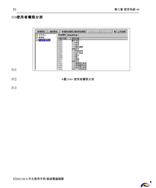 第三章 使用系統 40 
81 
510 
使用者權限分派 
<圖3-4> 使用者權限分派 
511 
512 
513 
82 
ISO DCS中文使用手冊 愉進電腦謹製 
 