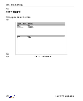 67 第三章 使用系統 
文件群組管理 
設定文件的群組及使用者的管理。 
<圖3-34> 文件群組管理 
中文使用手冊 愉進電腦謹製 
135 
786 
787 
788 
789 
790 
791 
136 
 